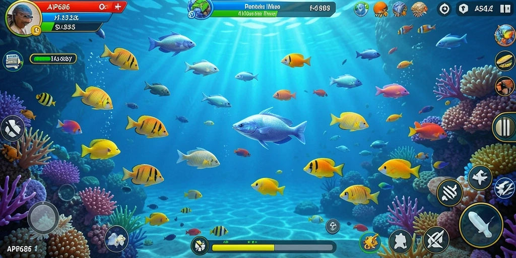 Screenshot gameplay AP686 menunjukkan aksi seru menangkap ikan.