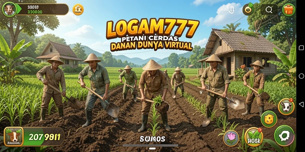 Tangkapan layar gameplay LOGAM777 dengan petani yang mengelola ladang.