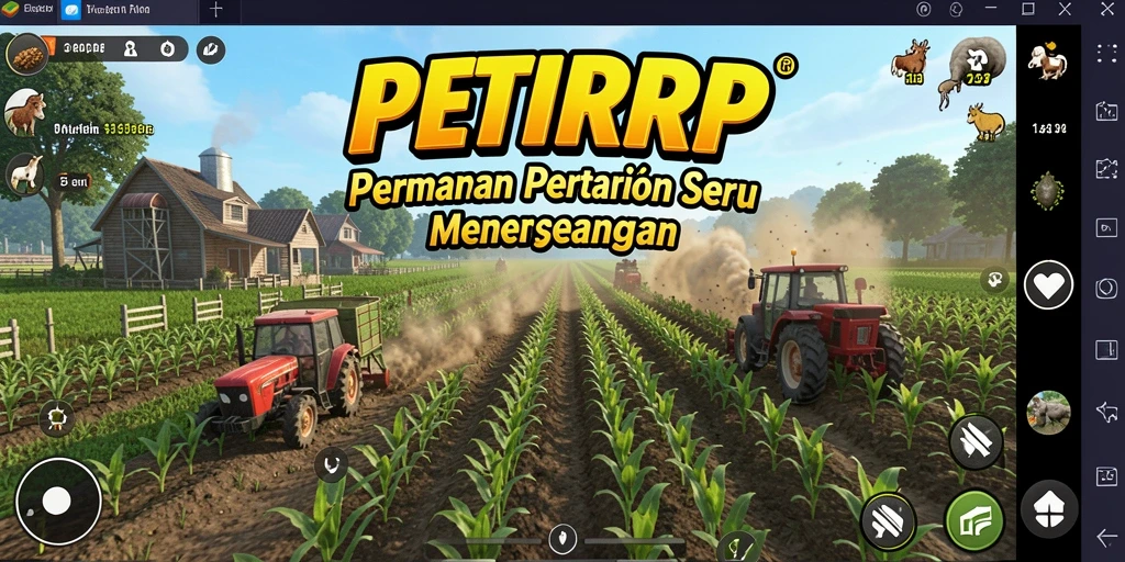 Tampilan dinamis gameplay PETIRRP dengan ladang yang subur dan hewan ternak.