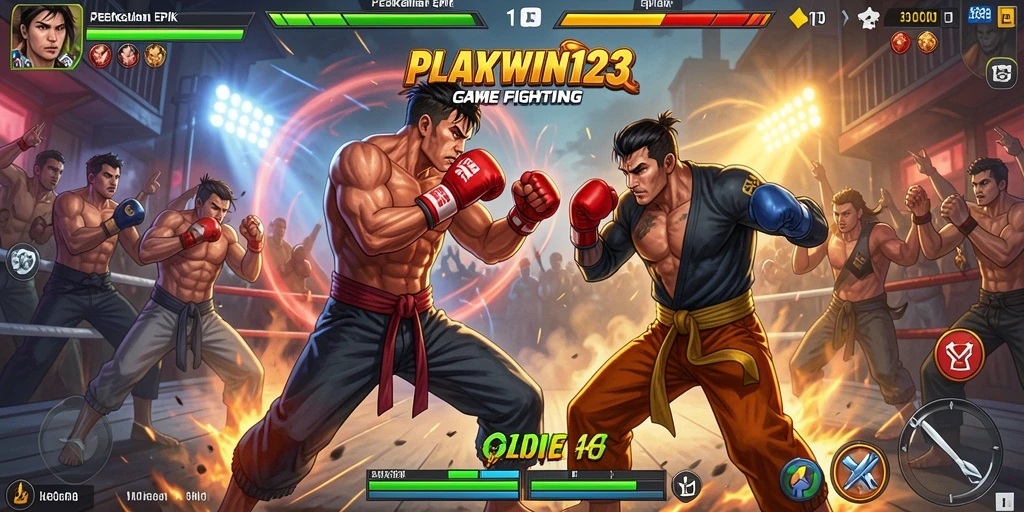 Screenshot utama menunjukkan aksi bertarung intens dalam PLAYWIN123.