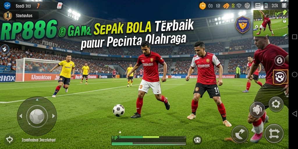 Screenshot gameplay menampilkan aksi seru dalam pertandingan sepak bola.